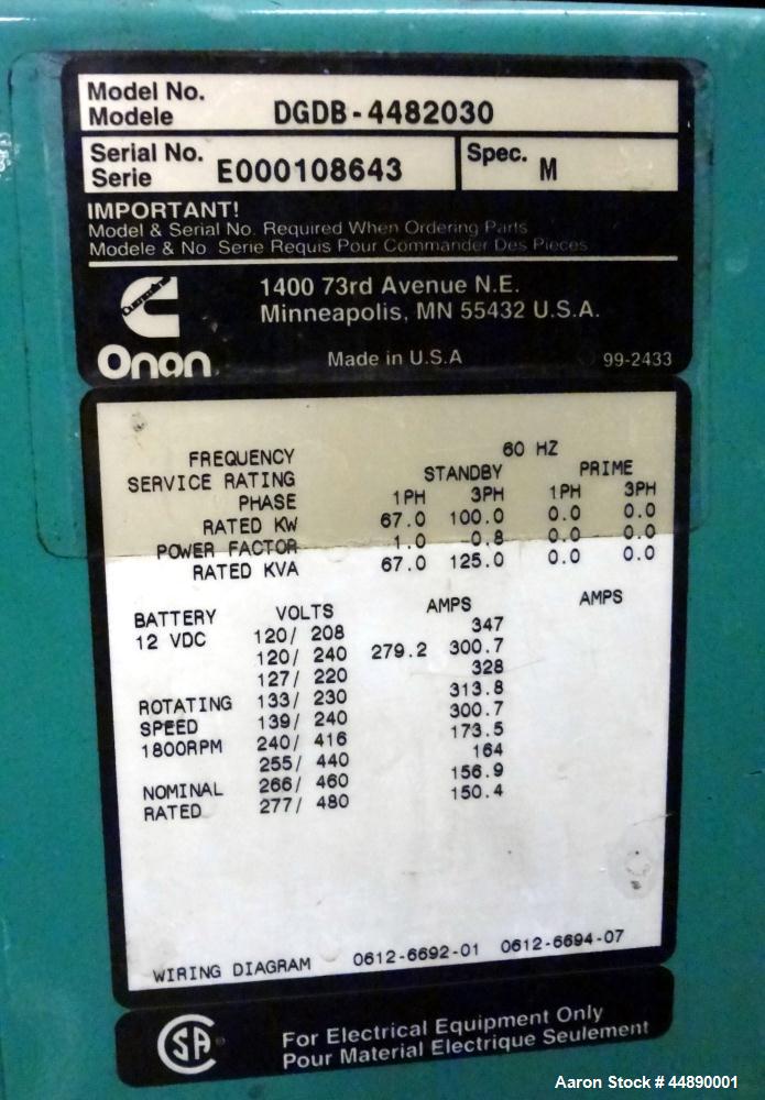 Used Cummins 100 kW standby (90 kW prime)diesel generator set, model DGDB-4482030 SN-E000108643. Cummins 6TB5.9-G6 engine rated 170 HP @ 1800 RPM. 3/60/277/480V (rated 67 kW 1PH) Coolant heater. Yr 2...