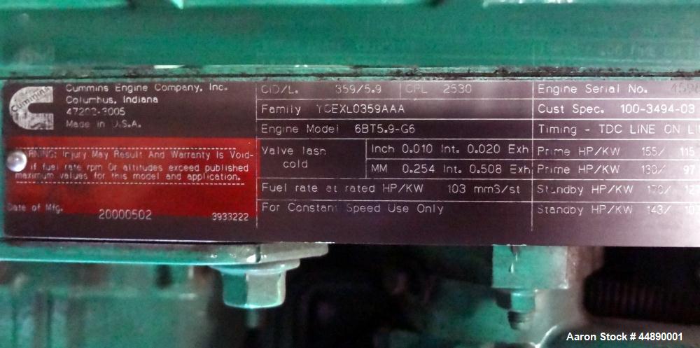 Used-Cummins 100 kW standby (90 kW prime)diesel generator set, model DGDB-4482030 SN-E000108643. Cummins 6TB5.9-G6 engine ra...