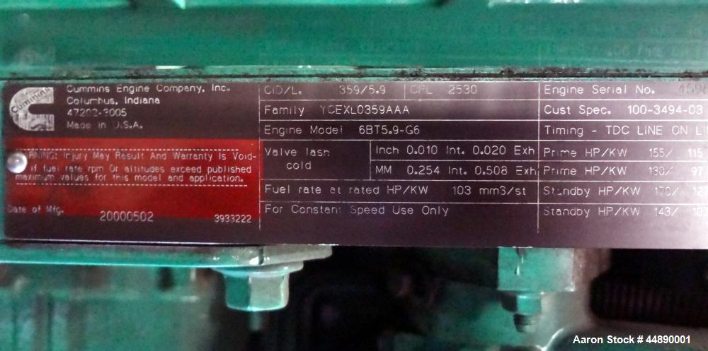 Used Cummins 100 kW standby (90 kW prime)diesel generator set, model DGDB-4482030 SN-E000108643. Cummins 6TB5.9-G6 engine rated 170 HP @ 1800 RPM. 3/60/277/480V (rated 67 kW 1PH) Coolant heater. Yr 2...