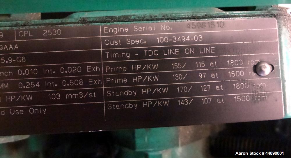 Used Cummins 100 kW standby (90 kW prime)diesel generator set, model DGDB-4482030 SN-E000108643. Cummins 6TB5.9-G6 engine rated 170 HP @ 1800 RPM. 3/60/277/480V (rated 67 kW 1PH) Coolant heater. Yr 2...