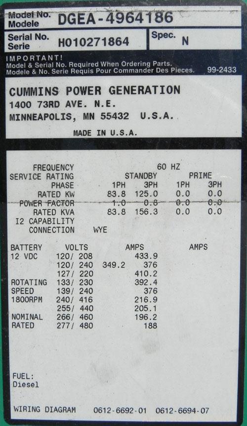 Used Cummins / Onan 125 kW Diesel Generator Set, model DGEA-4964186, serial #H010271864. Cummins 6CT8.3-G-2 engine rated 207 hp @ 1800 rpm. 3/60/277-480V, (rated 83.8 kW as single phase). 1000 Amp an...