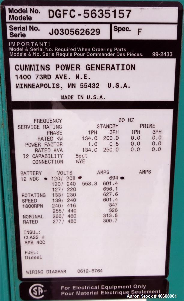 Used Cummins 200 kW diesel generator  model DGFC. Cummins 6CTAA8.3-G2 engine