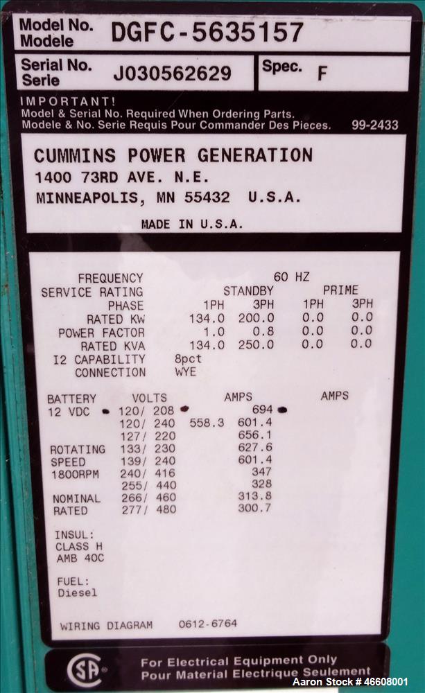 Used-Cummins 200 kW diesel generator  model DGFC. Cummins 6CTAA8.3-G2 engine