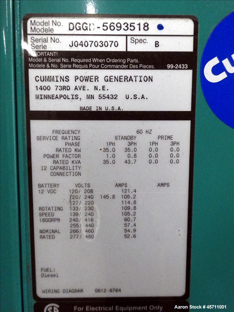 Used- Cummins 35 kW (30 prime) Standby Diesel Generator Set