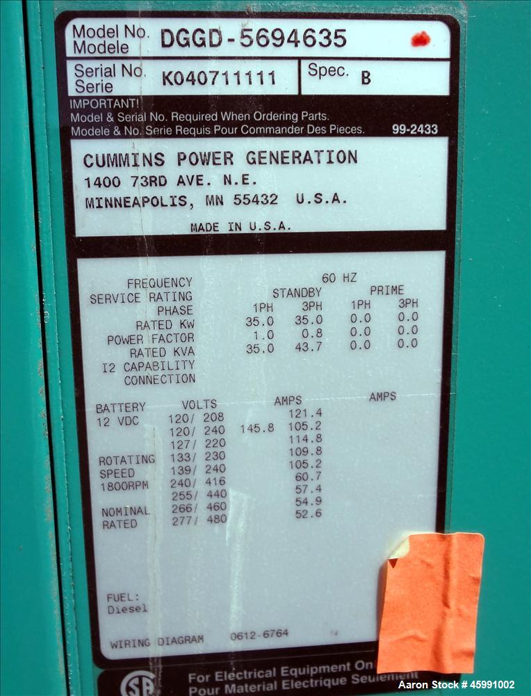 Used Cummins 35 kW diesel generator model DGGD. Cummins 4B3.3-G1 engine.