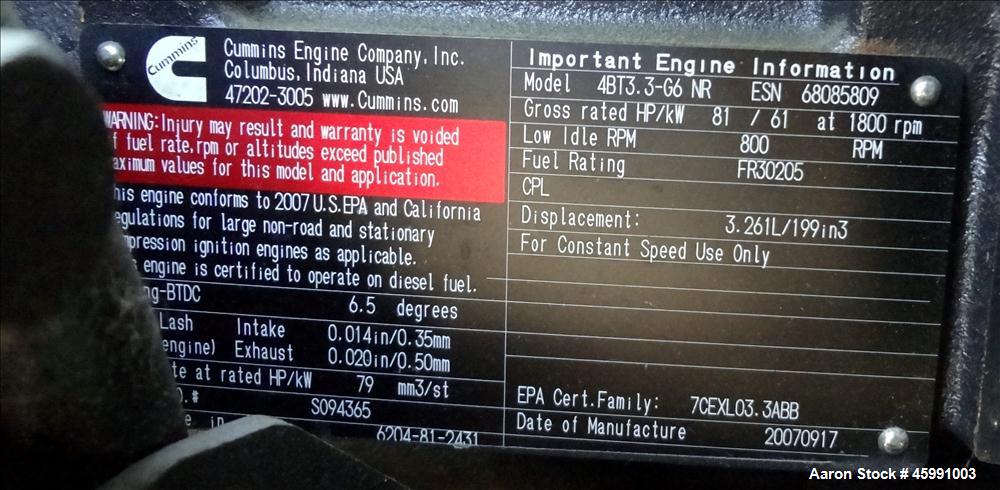 Used -Cummins 35 kW standby (30 kW prime) diesel generator set, model DGGD-5937235, SN-J070119501, Cummins 4B3.3-G6 engine rated 81 HP at 1800 RPM. 35kW 1/60/120/240V current set up, reconnectable to...