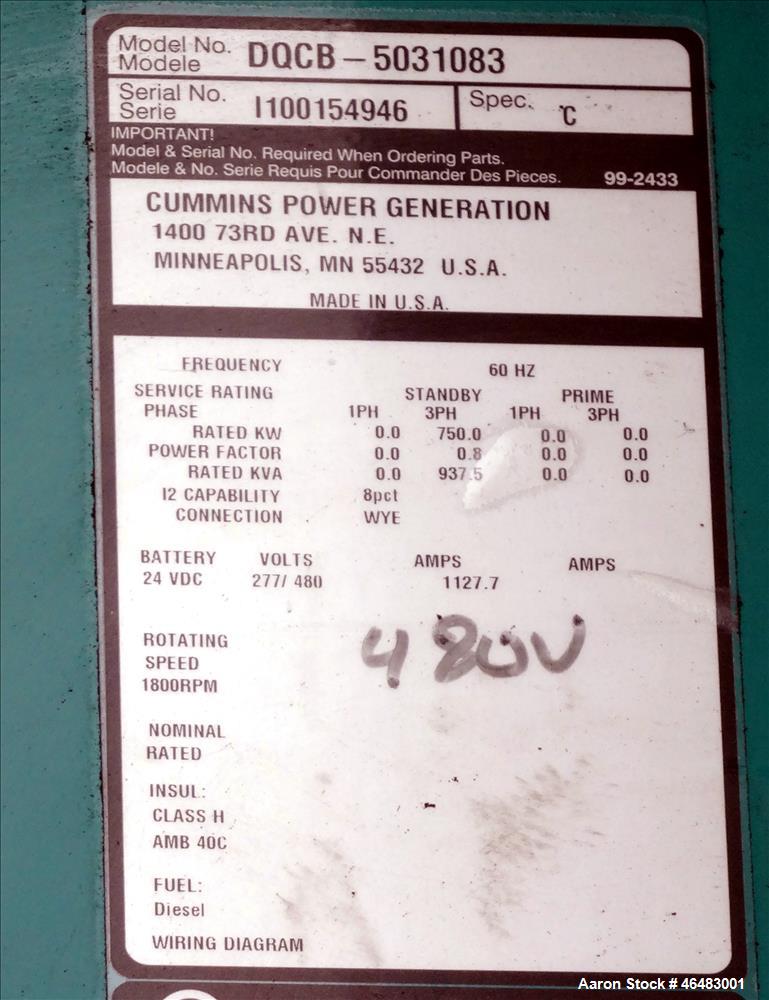Used Cummins 750 kW Diesel Generator Model DQCB. Cummins QSK23-G7 Engine.