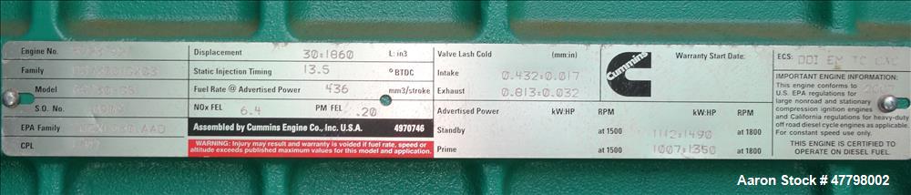 Used Cummins 750 kW EPA Tier 2 750kW Diesel Generator. Cummins QST30-G5.