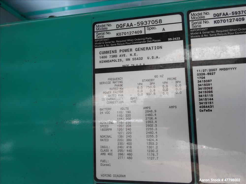 Used Cummins 750 kW EPA Tier 2 750kW Diesel Generator. Cummins QST30-G5.