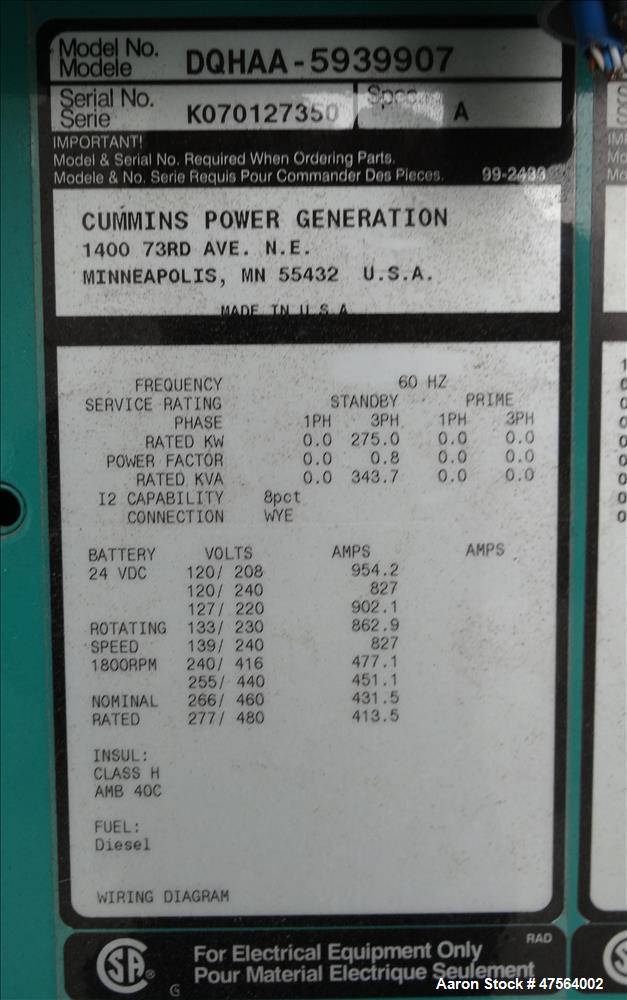 Used Cummins 275 kW diesel generator. Cummins QSM11-G4 NR3 engine EPA Tier 3