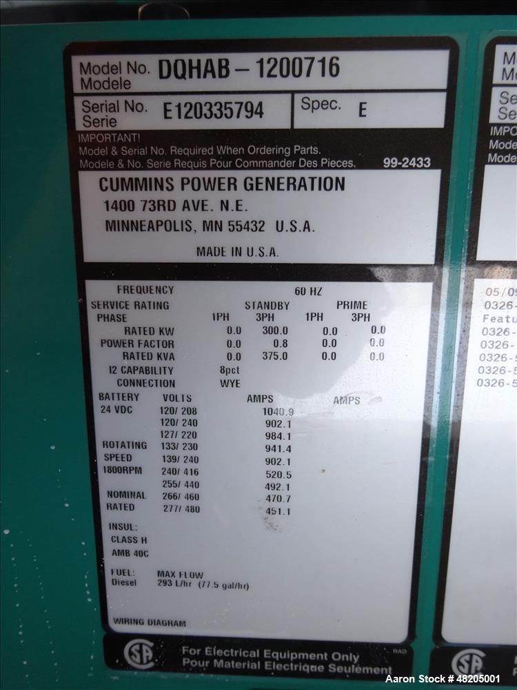 Used Cummins 300 kW Diesel Generator. Cummins QSM11-G4 Engine EPA Tier 3 Emissi