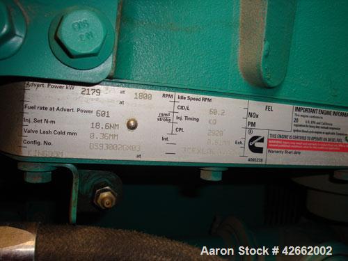 Used Cummins 2000 kW standby (1825kW prime) diesel generator set. Cummins model DQKC - 5587569, SN-B030464768. Cummins QSK60-G6 engine, EPA Tier 1, rated 2920 HP at 1800 RPM. 3/60/4160V. PowerCommand...