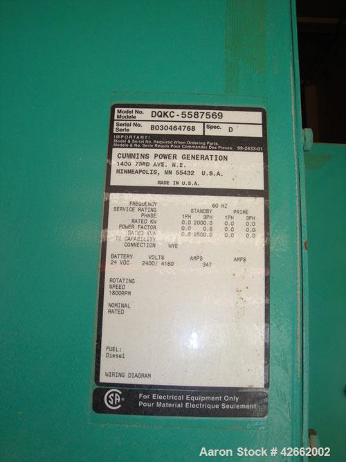 Used Cummins 2000 kW standby (1825kW prime) diesel generator set. Cummins model DQKC - 5587569, SN-B030464768. Cummins QSK60-G6 engine, EPA Tier 1, rated 2920 HP at 1800 RPM. 3/60/4160V. PowerCommand...