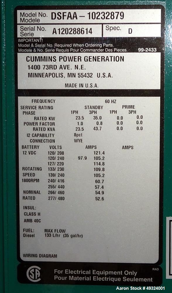 Used Cummins 35kW Standby Diesel Generator Set, Model DSFAA10232879