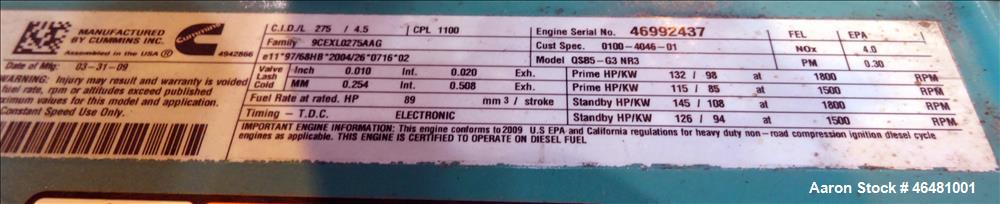 Used Cummins 80 kW diesel generator model DSFAE. Cummins QSB5-G3, EPA tier 3