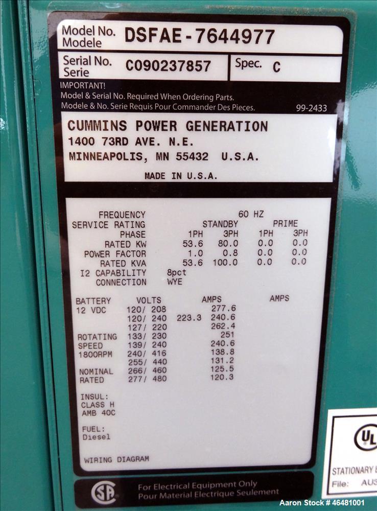 Used Cummins 80 kW diesel generator model DSFAE. Cummins QSB5-G3, EPA tier 3