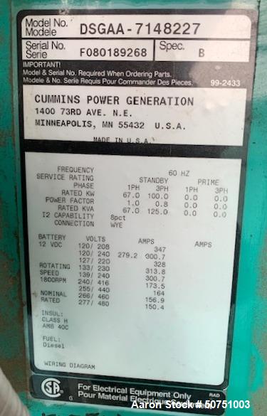 Used- Cummins 100 KW Standby Portable / Trailered Diesel Generator Set