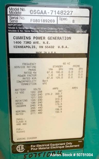 Used- Cummins 100 KW Standby Portable / Trailered Diesel Generator Set