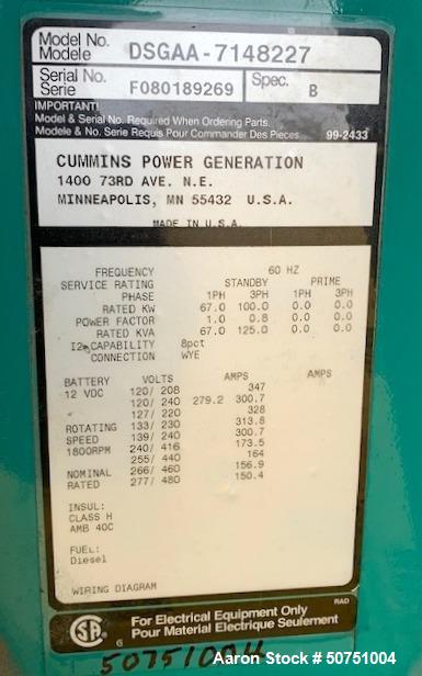 Used Cummins 100 KW Standby Portable / Trailered Diesel Generator Set
