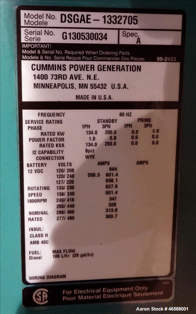 Used Cummins 200 kW diesel generator model DSGAE. Cummins QSB7-G5 NR3 engine.