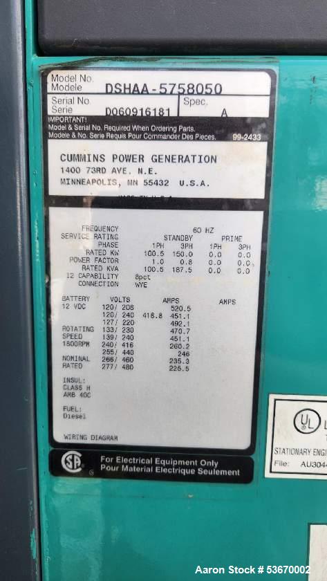 Cummins Model DSHAA 150kW Standby Diesel Generator