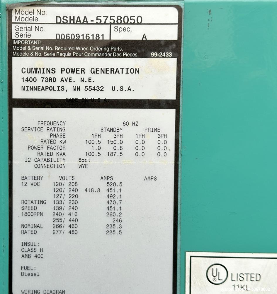 Cummins Model DSHAA 150kW Standby Diesel Generator
