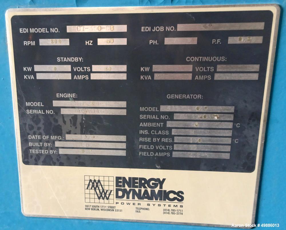 Used Energy Dynamics 350 kW Standby Diesel Generator Set, Model EDI-350-CB