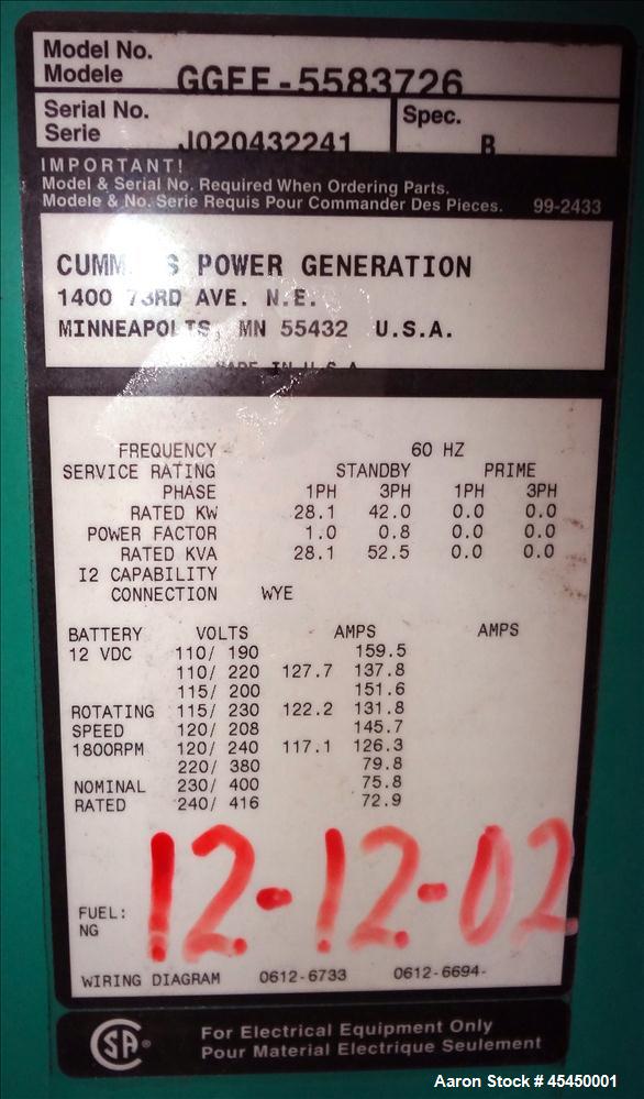 Used Cummins 42 kW Standby Natural Gas Generator Set, Model GGFE-5583726
