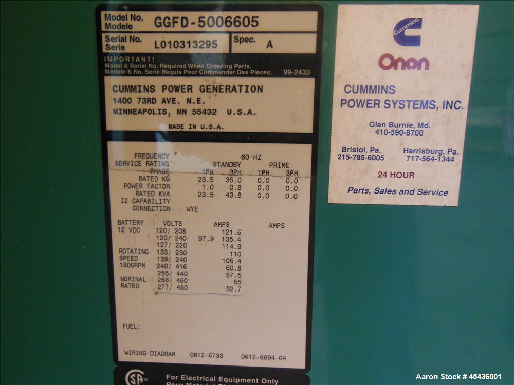 Used Cummins 35 kW Standby Natural Gas Generator Set, Model GGFD-5006605