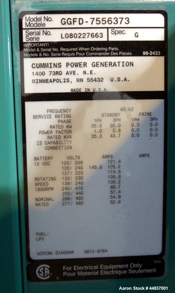 Unused- Cummins 35 kW Standby (30 kW Prime) Natural Gas Generator Set. Cummins model GGFD-7556373, serial #L080227663. Ford ESG-642 engine rated 74 hp @ 1800 rpm, 3/60/277/480V. Currently set up 1/60...