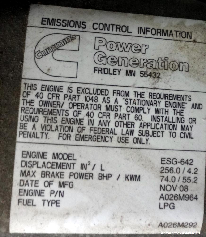 Unused- Cummins 35 kW Standby (30 kW Prime) Natural Gas Generator Set. Cummins model GGFD-7556373, serial #L080227663. Ford ESG-642 engine rated 74 hp @ 1800 rpm, 3/60/277/480V. Currently set up 1/60...