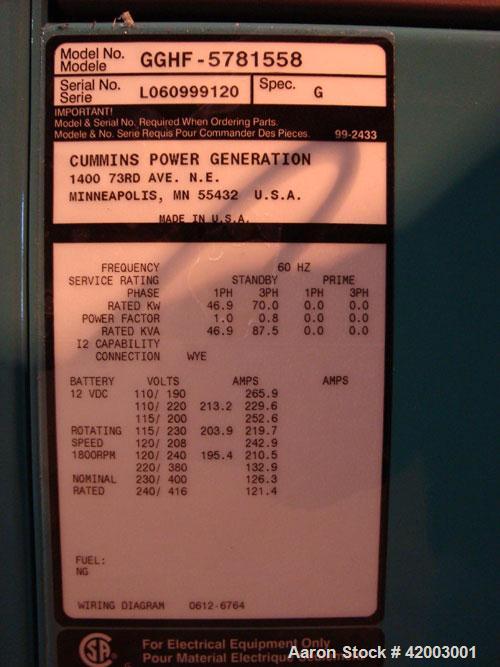 Unused- Cummins 70 kW Standby Rated Natural Gas Generator Set. Cummins model GGHF, SN-L060999120. Ford model WSG1068, SN-06QS60833 natural gas engine. Newage /Stamford 3/60/120/208/277/480 volt, 1800...