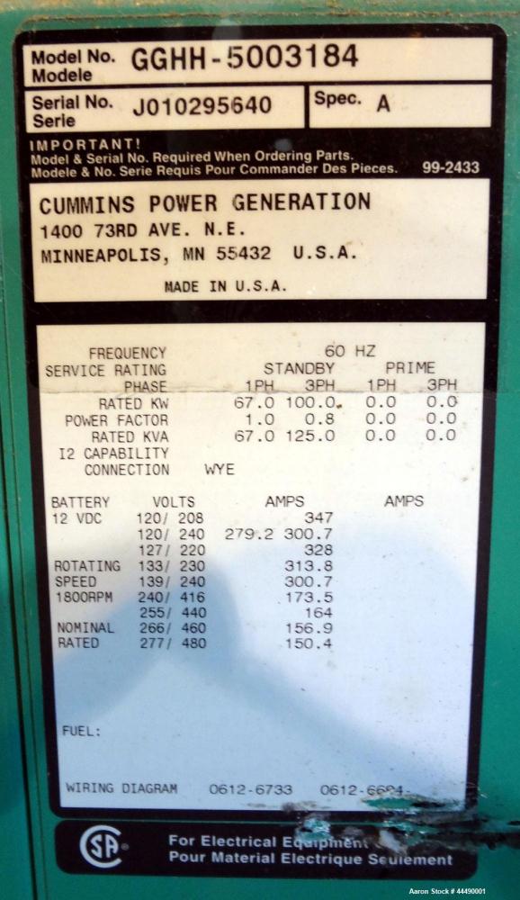 Used Cummins 100 kW Standby Natural Gas Generator Set, Model GGHH-5003184, Serial #J010295640.  Ford WSG-1068 engine rated 176 hp @ 1800 rpm. 3/60/277/480V, rated 67 kW 1/60/120V. 175 Amp main-line c...