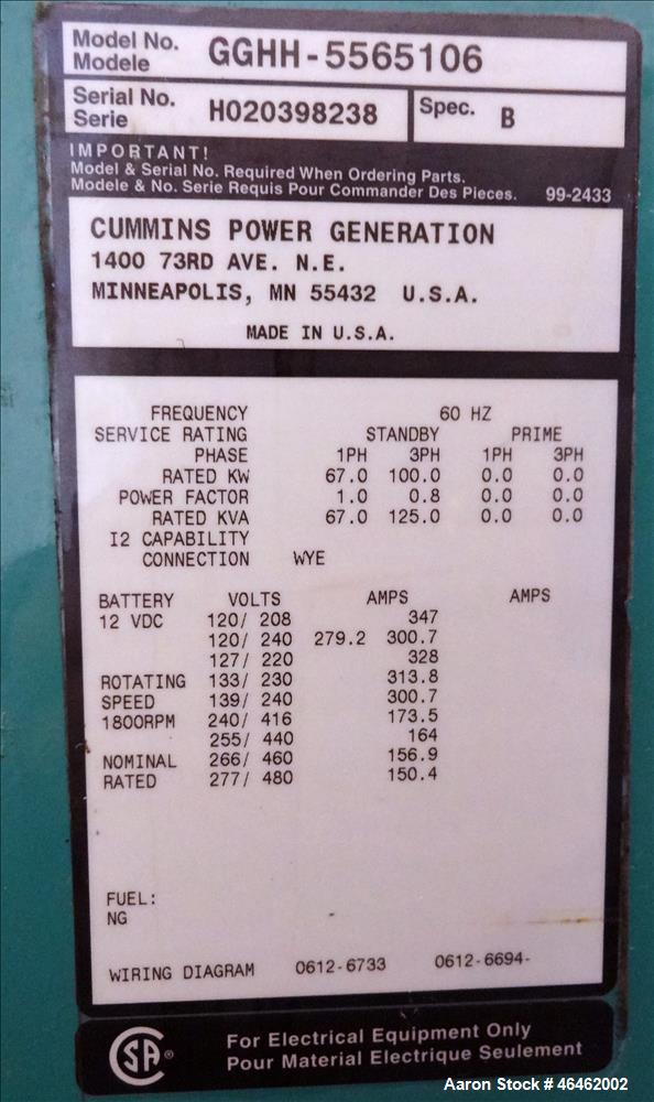 Used- Cummins 100 kW standby natural gas generator set, model GGHH