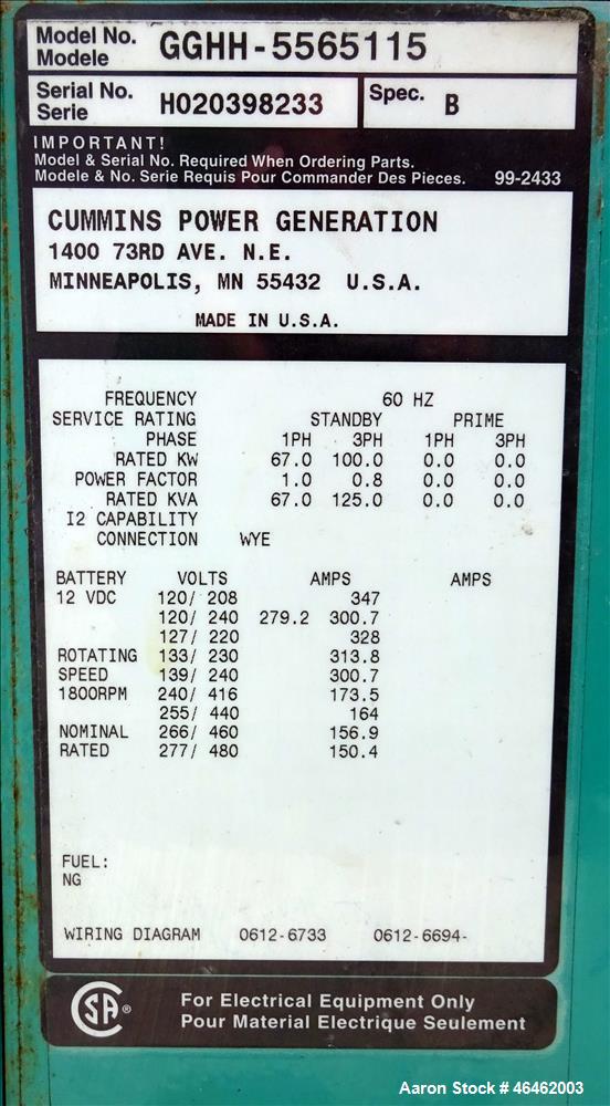 Used Cummins 100 kW standby natural gas generator set, model GGHH-5565115