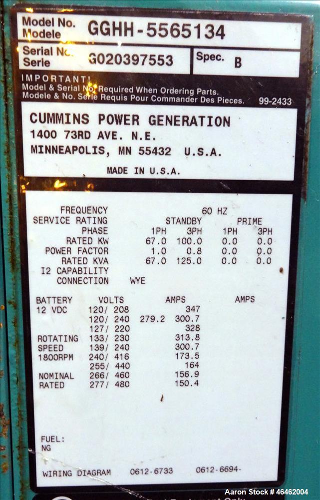 Used- Cummins 100 kW standby natural gas generator set, model GGHH