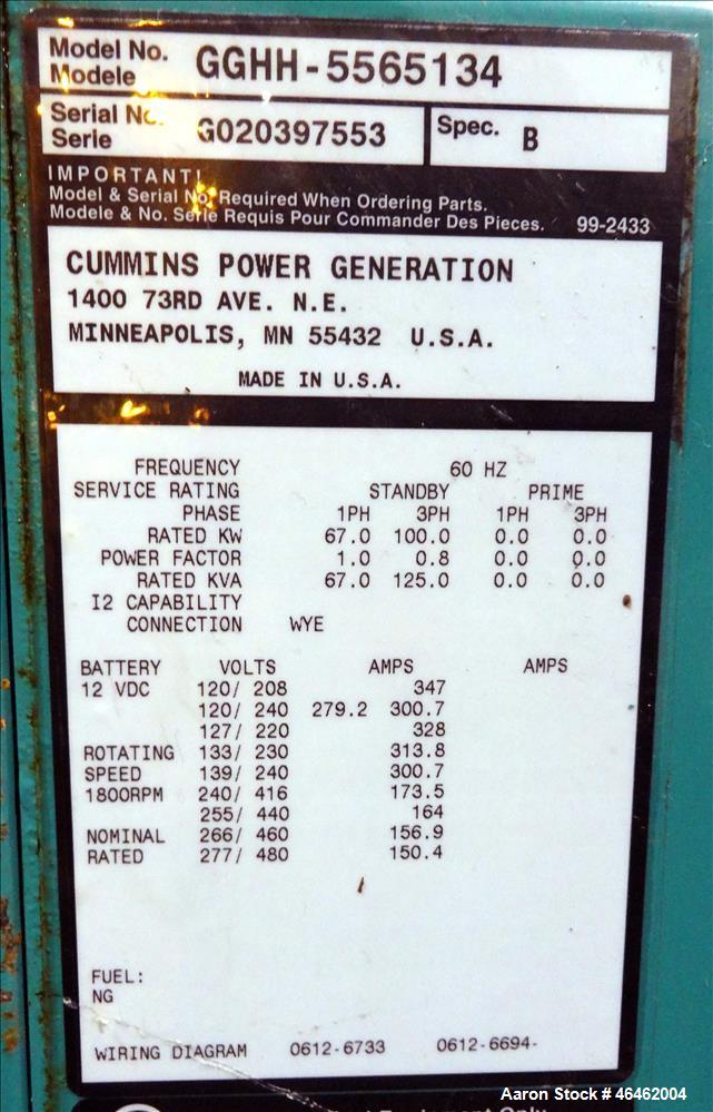 Used Cummins 100 kW standby natural gas generator set, model GGHH