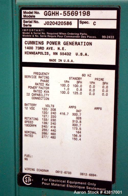 Used Cummins 100 kW standby natural gas generator set, model GGHH-5569198, SN-J020420586. Ford WSG-1068 engine rated 176 HP @ 1800 RPM.3/60/277/480V, rated 100kW 1/60/120V. 125 Amp main-line circuit ...