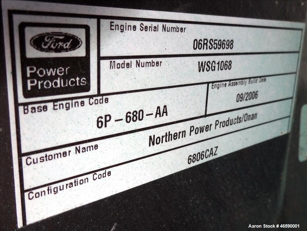 Used Cummins 100 kW natural gas generator set model GGHH-5776259, SN-I060976839. Ford WSG-1068 engine rated 176 HP at 1800 RPM, SN-06RS59698. 3/60/120/208V, 12 lead reconnectable to other voltages. 4...
