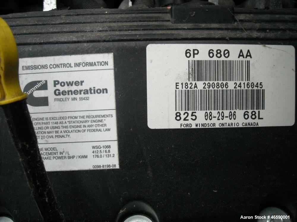 Used Cummins 100 kW natural gas generator set model GGHH-5776259, SN-I060976839. Ford WSG-1068 engine rated 176 HP at 1800 RPM, SN-06RS59698. 3/60/120/208V, 12 lead reconnectable to other voltages. 4...