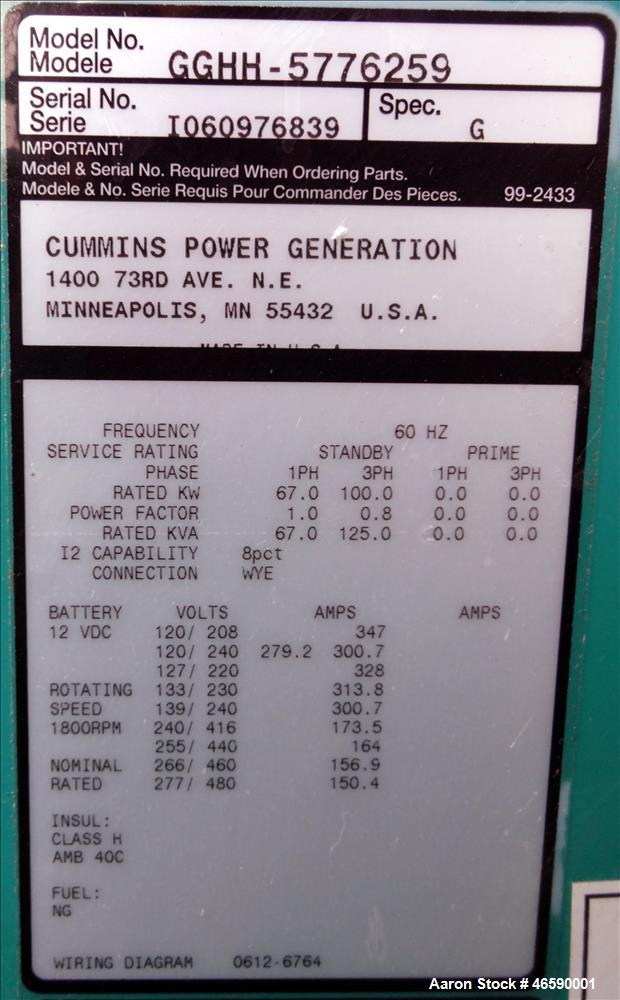 Used Cummins 100 kW natural gas generator set model GGHH-5776259, SN-I060976839. Ford WSG-1068 engine rated 176 HP at 1800 RPM, SN-06RS59698. 3/60/120/208V, 12 lead reconnectable to other voltages. 4...