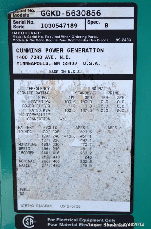 Used Cummins 150 kW Natural Gas Generator Set. Cummins model GGKD-5630856, serial #I030547189. Cummins model GTA8.3G2 engine, serial #46327033, 3/60/277-480V. Includes a PowerCommand cotrol panel. 35...