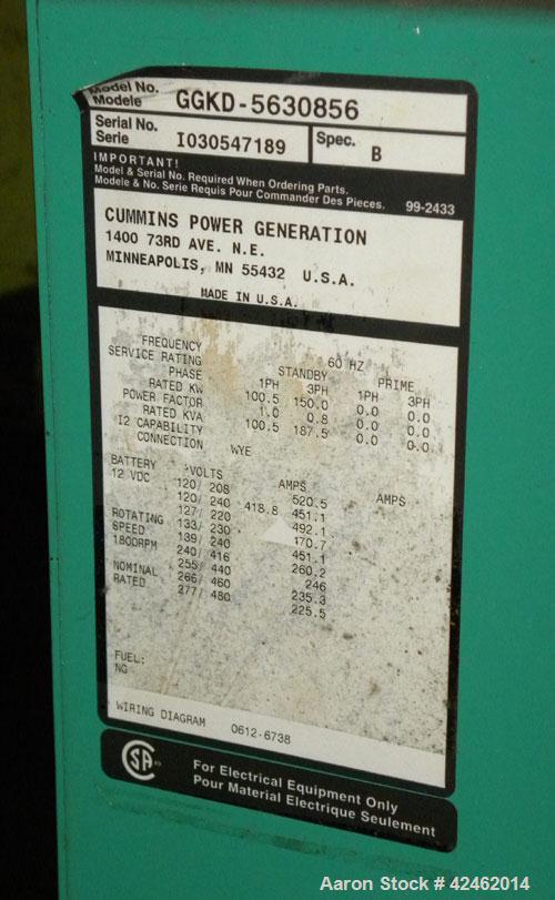 Used Cummins 150 kW Natural Gas Generator Set. Cummins model GGKD-5630856, serial #I030547189. Cummins model GTA8.3G2 engine, serial #46327033, 3/60/277-480V. Includes a PowerCommand cotrol panel. 35...