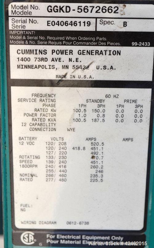 Used Cummins 150kW natural gas generator set. Cummins model GGKD-5672662,SN-E040646119. Cummins model GTA8.3G2 engine, SN-46382949. 3/60/277/480V. Includes a PowerCommand cotrol panel. Built 2004.