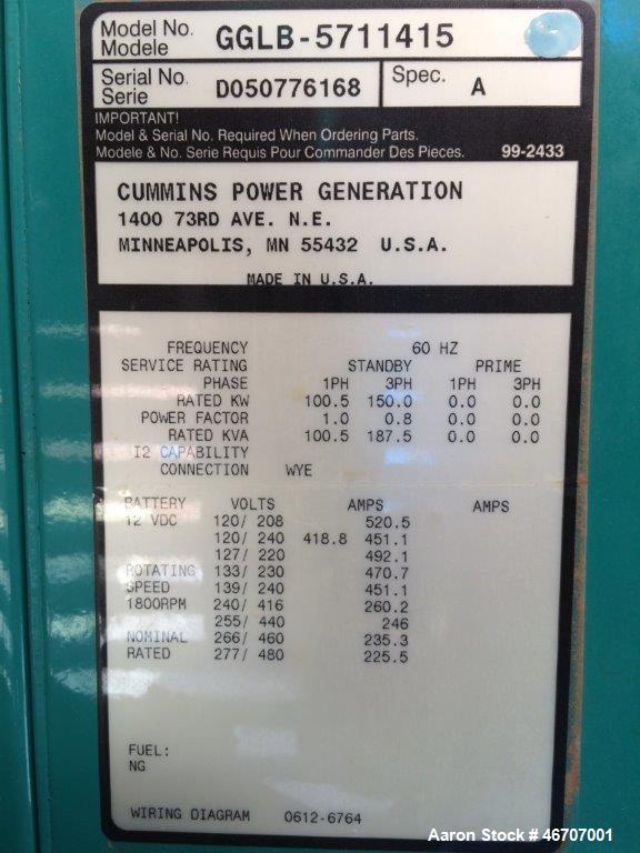 Used Cummins 150 kW natural gas generator model GGLB. GM8.1L-HO engine.
