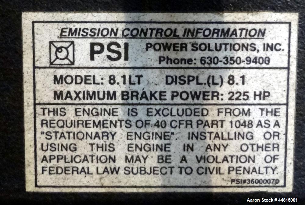 Used Cummins 150 kW standby natural gas generator set, model GGLB-5739915, SN-I050829111. GM8.1L-HO engine rated 225 HP @ 1800 RPM, EPA certified to SI stationary emission regulation 40 CFR, part 60....