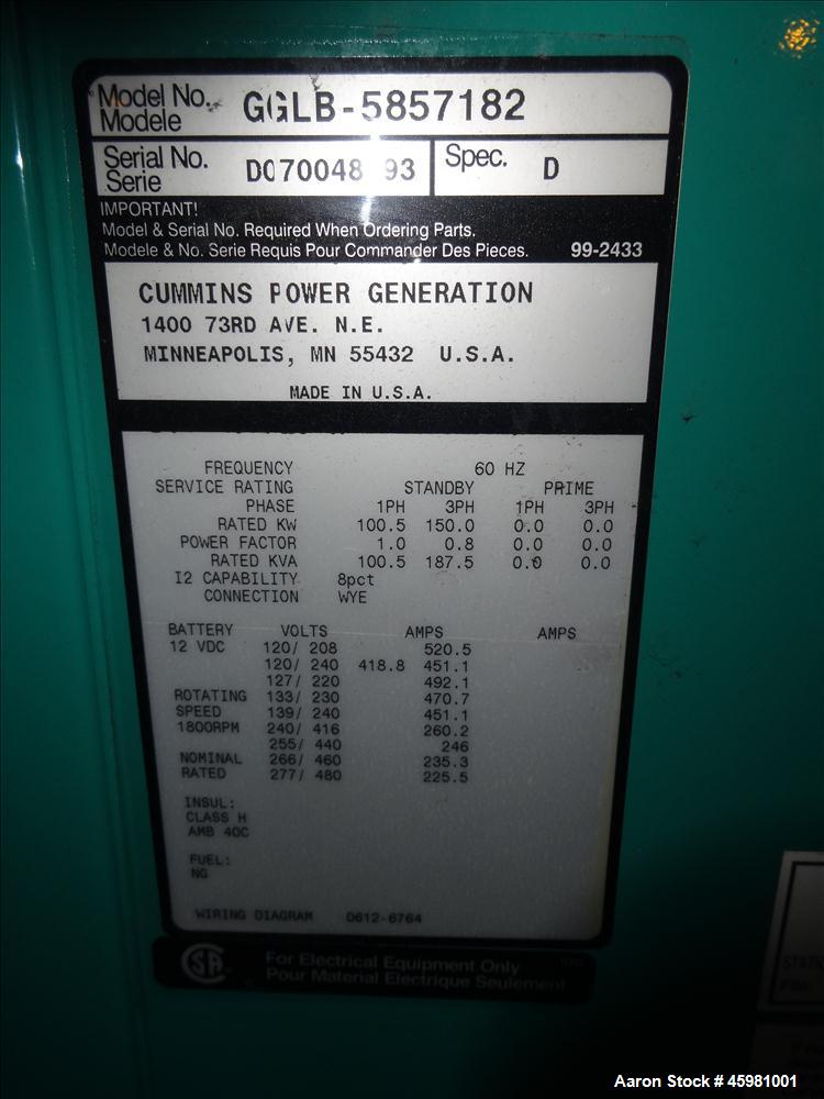 Used Cummins 150 kW natural gas generator, model GGLB. GM8.1L-HO engine.