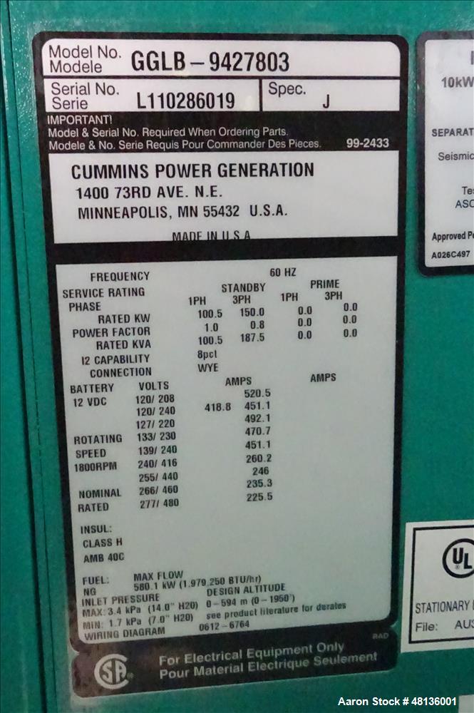 Used 2011 Cummins 150 kW natural gas generator, model GGLB. GM8.1L-HO engine
