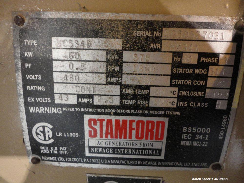 Used Cummins 425 kW standby (400kW prime) natural gas generator set. Cummins model GTA28C natural gas engine rated 600 HP @ 1800 RPM, 8.5:1 compression ratio, SN-25273631, 3/60/480V, Stamford type MC...