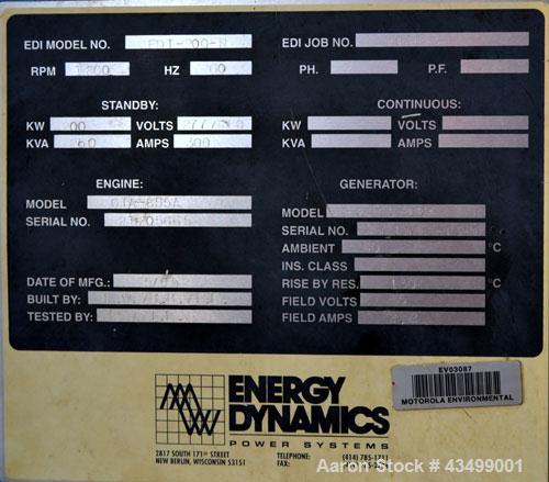 Used Cummins 200 kW Natural Gas Generator Set. Cummins model GTA855A engine rated 310 HP @ 1800 RPM SN-25205665. 3/60/277/480V. MagnaMax generator, model M10765-01-0595. 400 Amp main-line circuit bre...